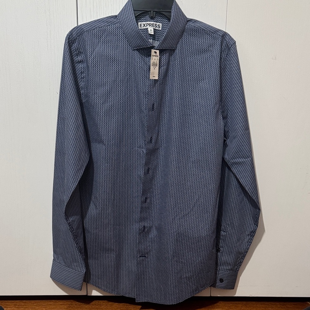 Express Men's Patterned Navy Dress Shirt